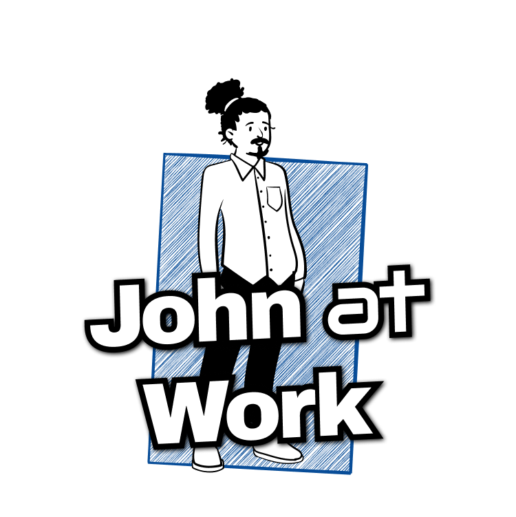 visit John at Work portal by John Guerra🕳️ Cartoon version of John Guerra from John ᵃᵗ Work over a color pencil square background and the words "John at Work" in the foreground