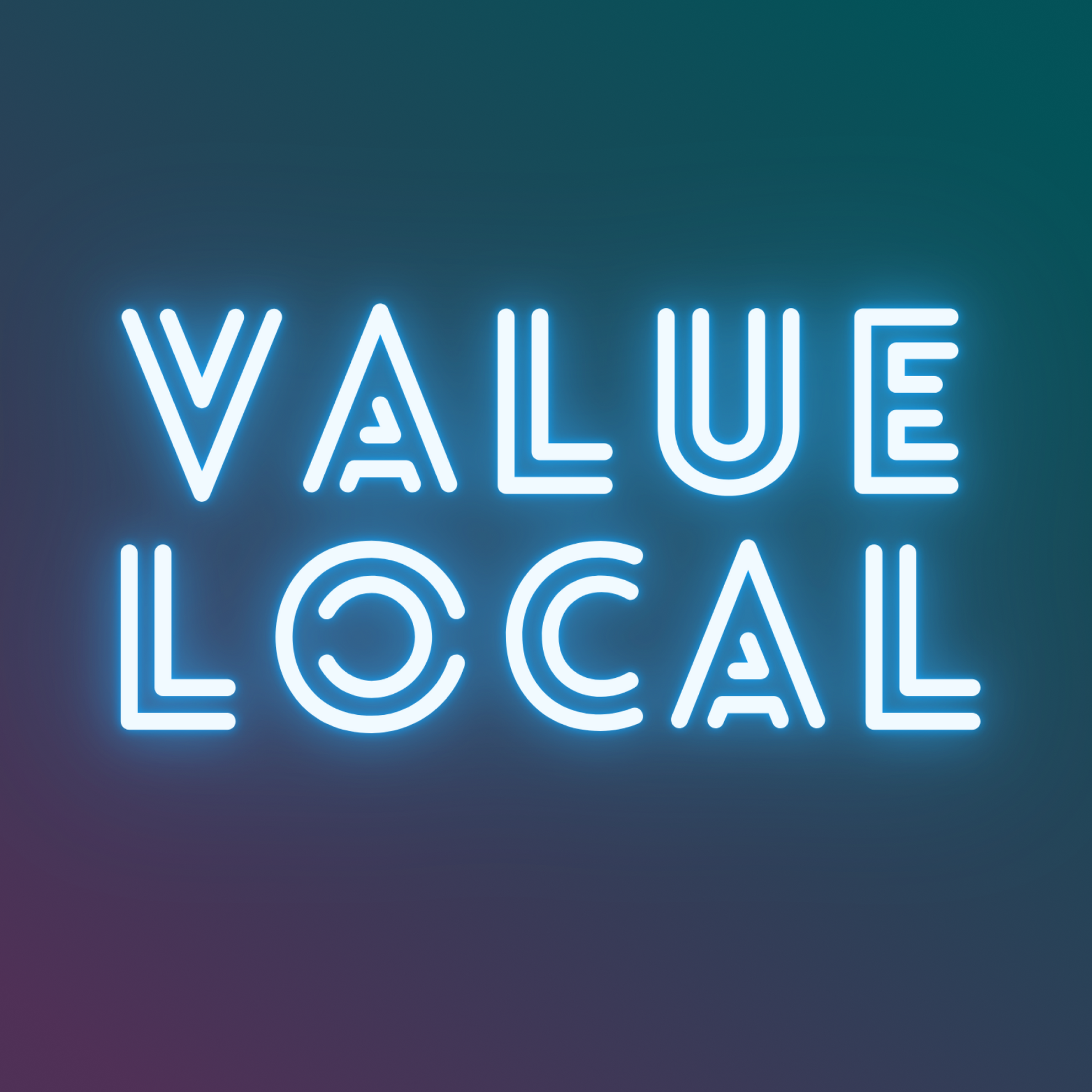 visit Value Local Portal 🕳️ blue/white neon lettering "Value Local" over gradient deep purple to dark black-green background